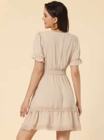 Allegra K- Mini robe bohème à col en V et taille élastique smockée à manches courtes