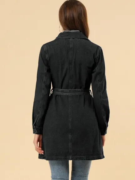 Allegra K - Veste longue en jean avec ceinture et bouton à revers cranté