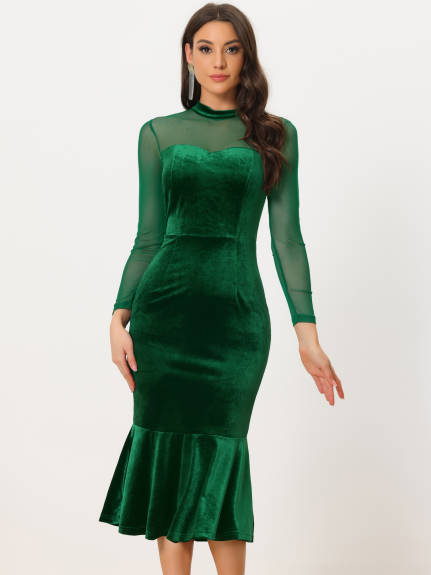 Allegra K- See Through Velvet Sheer Mesh Midi Mermaid Dress