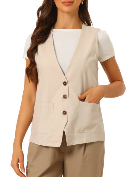 Allegra K- Button Down V Neck Vest Waistcoat