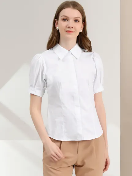 Allegra K- Puff Sleeve Collared Cotton Shirt