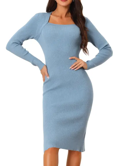 Allegra K- Square Neck Slim Fit Ribbed Knit Bodycon Midi Sweater Dress