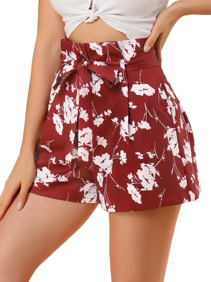 Allegra K - Summer High Waist Floral Paper Bag Shorts