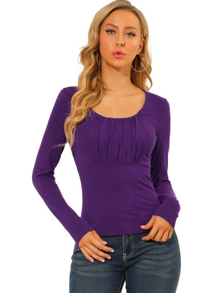 Allegra K - Scoop Neck Long Sleeves Ruched Fitted Top