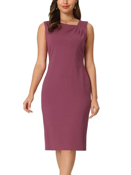 Hobemty- Sleeveless Asymmetrical Ruched Neck Sheath Dress