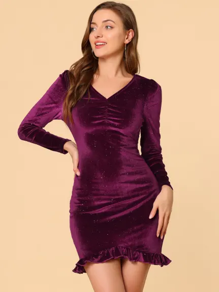 Allegra K- V Neck Velvet Sparkle Ruffle Hem Long Sleeve Mini Dress
