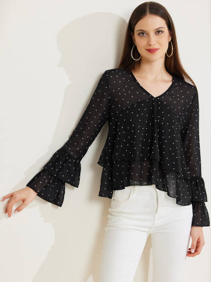 Allegra K - Blouse à manches longues à pois et à volants