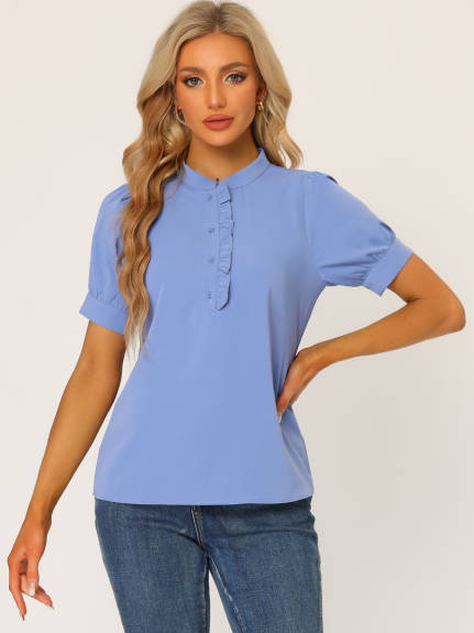 Allegra K - Puff Sleeve Chiffon Half Placket Top