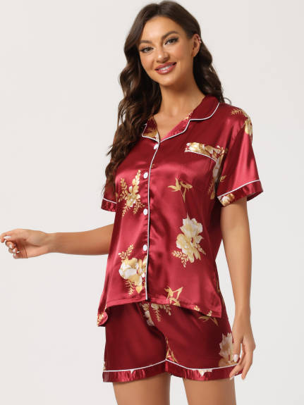 cheibear - Floral Button Down Shirt and Shorts Satin Sleepwear