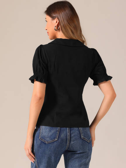 Allegra K- Lapel Pleated Short Sleeve Blouse