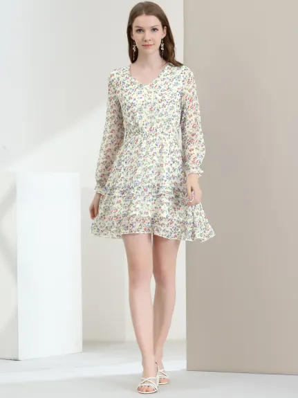 Allegra K- Long Sleeve Belted Ruffle Chiffon Floral Dress