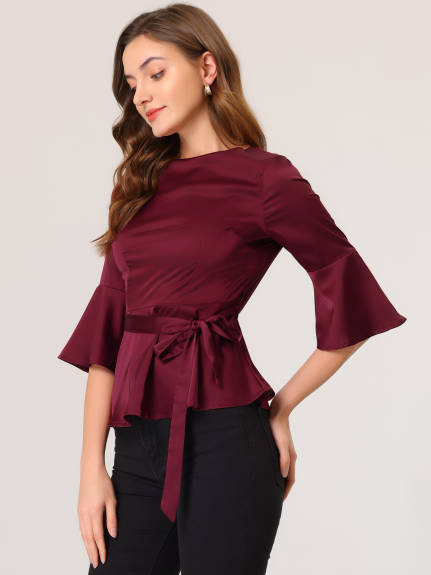 Allegra K - Elegant Tie Waist Satin Wrap Peplum Blouse