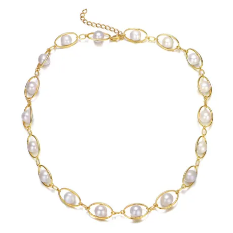 Genevive Sterling Silver 14k Gold Plated Genuine Freshwater Pearl Oval Link Necklace