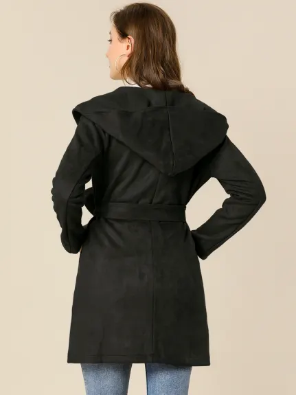 Allegra K- Trench-coat ceinturé à capuche et revers en faux suède