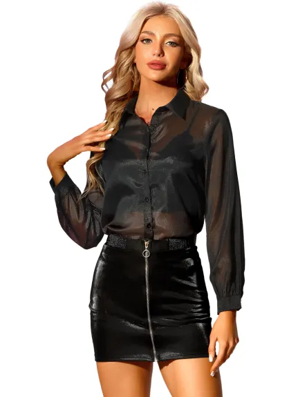 Allegra K- Button Up See Through Mesh Shirt