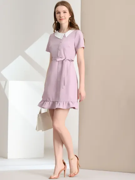 Allegra K- Ruffle Hem Belted Short-Sleeve Mini Dress