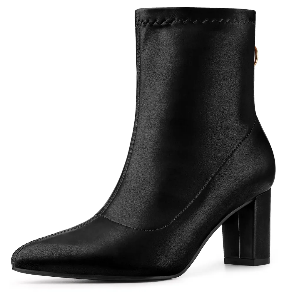 Allegra K- Pointy Toe Back Zip Block Heel Ankle Boots