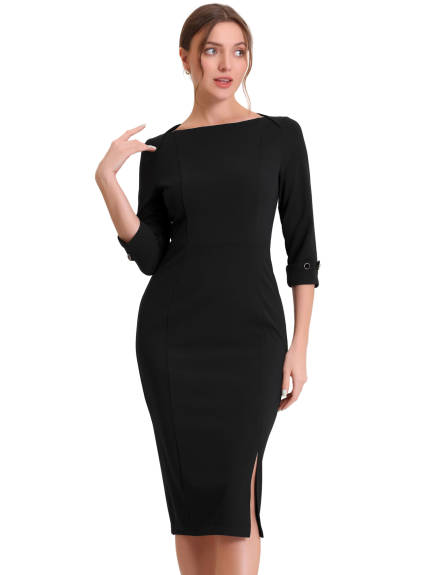 Allegra K- Boat Neck 3/4 Sleeves Midi Split Sheath Dress