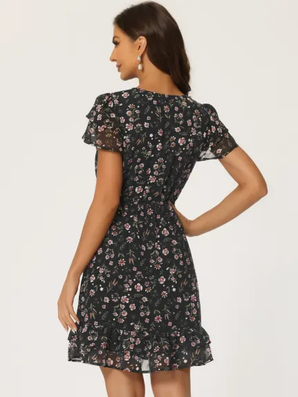 Allegra K- Ruffle Sleeve Self-Tie V Neck A-Line Floral Chiffon Dress