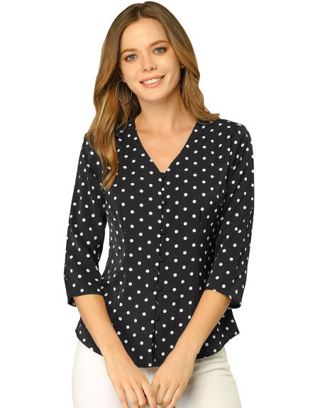 Allegra K- Polka Dots 3/4 Sleeve Button Front Blouse