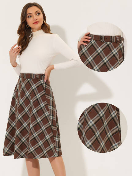 Allegra K- Plaid Tartan Belted A-Line Midi Skirt