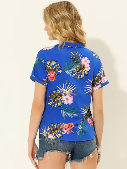 Allegra K- Beach Tropical Floral Leaves Button Down Shirts