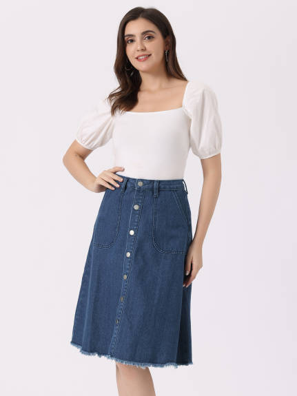 Allegra K- Raw Hem Button Down Denim Skirt