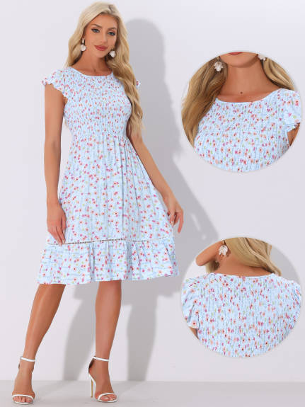 Allegra K - Fit and Flare Floral Midi Smocked Dress