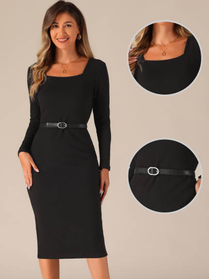 Allegra K - Square Neck Belt Bodycon Long Sleeve Dress