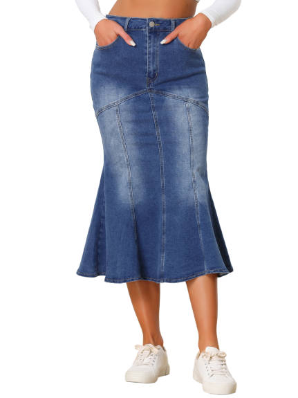 Allegra K- Washed Denim Fishtail Midi Bodycon Skirt