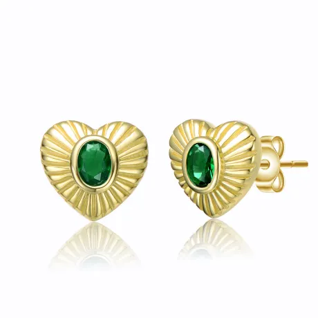 Genevive Sterling Silver 14k Yellow Gold Plated with Emerald Cubic Zirconia Sunray Heart Stud Earrings