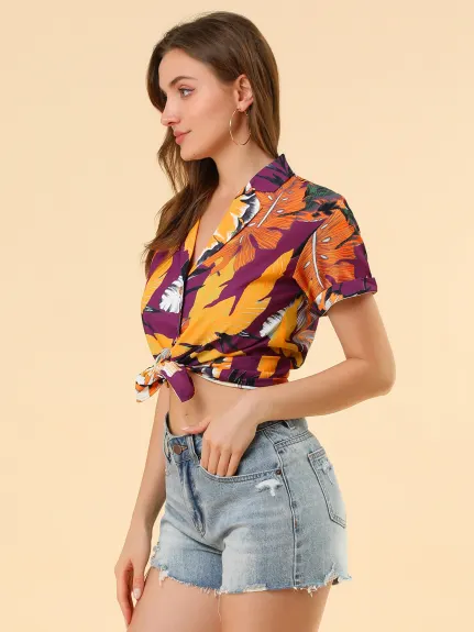 Allegra K- Beach Tropical Floral Leaves Button Down Shirt