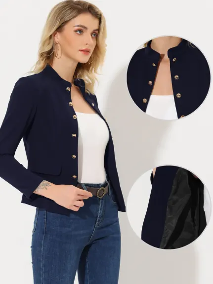 Allegra K- Veste blazer à col montant ouvert sur le devant avec boutons décoratifs