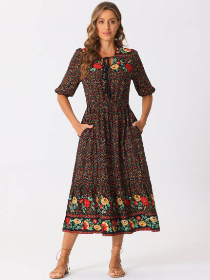 Allegra K - Floral Drawstring V-Neck Boho Dress