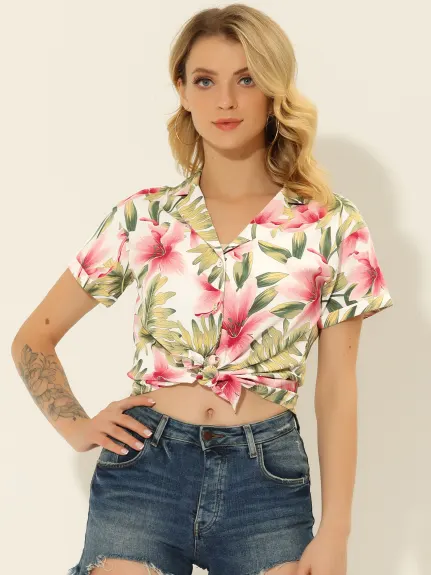 Allegra K- Beach Tropical Printed Button Down Shirt