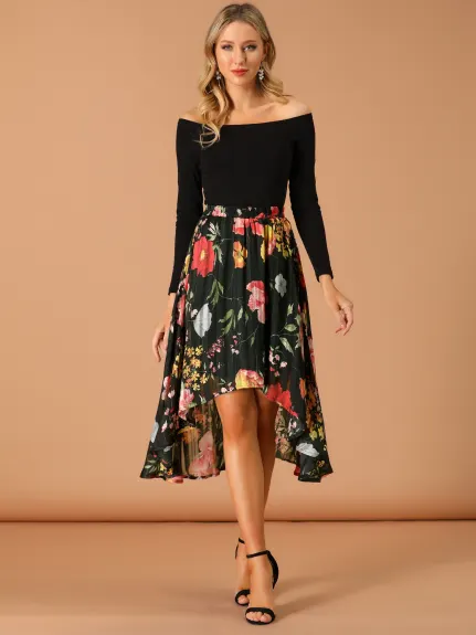 Allegra K- High Low Hem A-Line Midi Floral Skirt