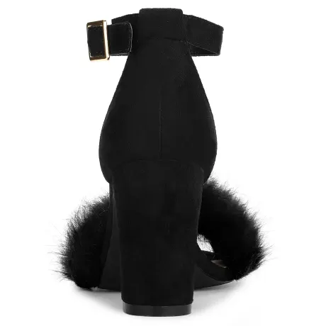 Allegra K- Faux Fur Strap Block Heels Sandals