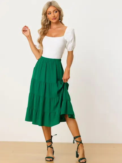 Allegra K- Elastic Waist Tiered A-Line Midi Skirt