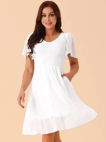 Allegra K - Summer Solid Smocked Chiffon Dress