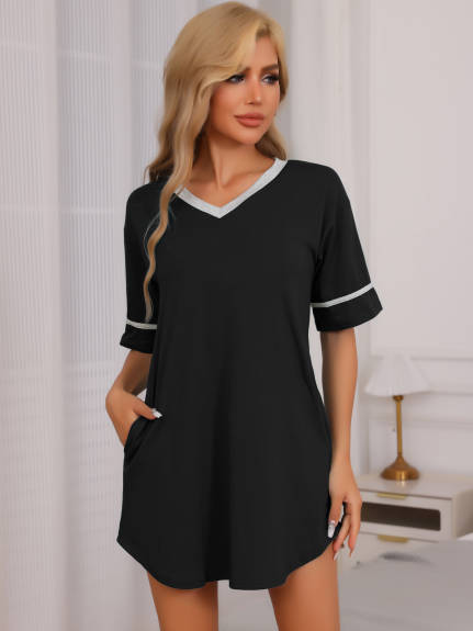 Cheibear - Cotton V-Neck Short Sleeve Nightgown