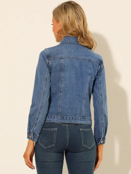 Allegra K- Turndown Collar Ripped Short Denim Jacket