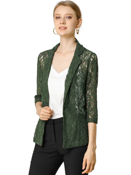 Allegra K- Lace 3/4 Sleeves Notched Lapel One-Button Cardigan