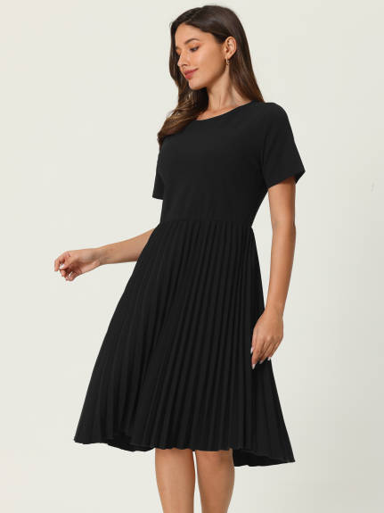 Hobemty- Short Sleeve Pleated Midi A-Line Dress