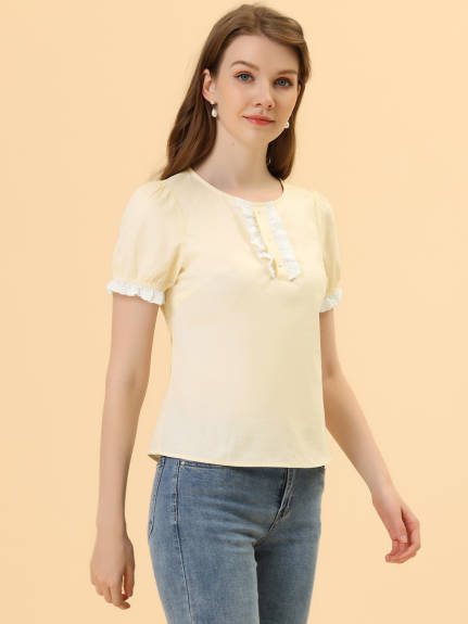 Allegra K- Puff Sleeve Crew Neck Casual Lace Trim Cotton Top