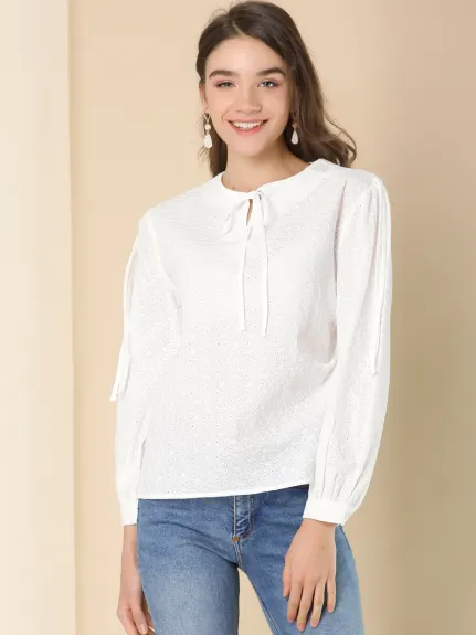 Allegra K - Tie Neck Long Sleeve Textured Cotton Top