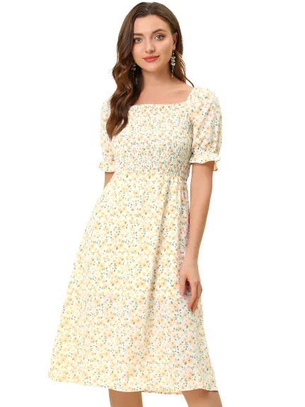 Allegra K- Square Neck Puff Sleeves Midi Smocked Floral Dress