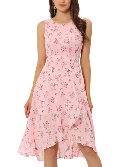 Allegra K- Ruffle Hem Smock Back Waist Floral Wrap Dress