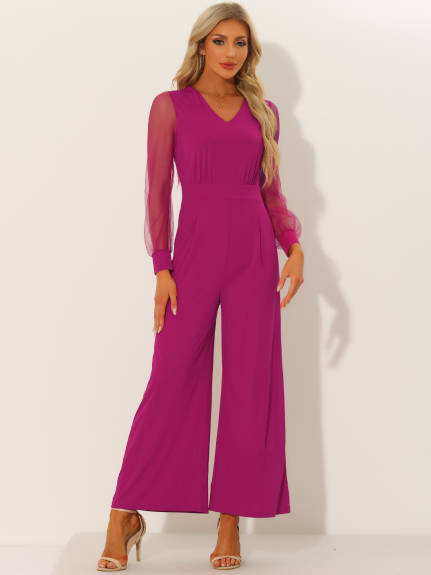 Allegra K - Mesh Long Sleeve V Neck Wide Leg Jumpsuit