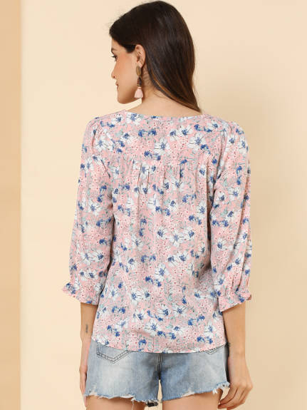 Allegra K- Tie V Neck Ruffled 3/4 Sleeve Floral Blouse