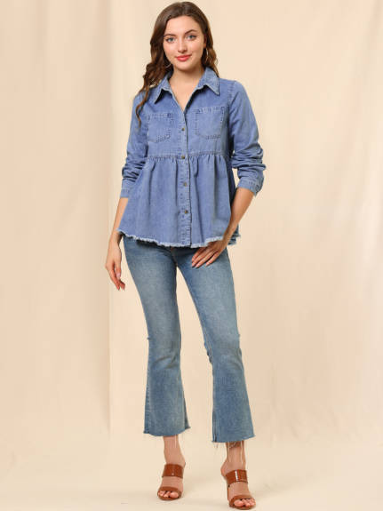 Allegra K- Long Sleeve Peplum Button Down Denim Shirt